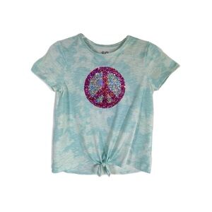 So Girls Light Blue Tie Dye Sequin Flippies Peace Smiley Face Knot Front Tee